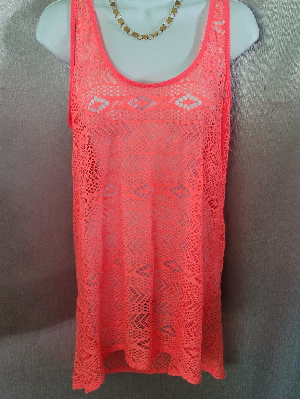 Neon Coral Crochet Tank Cover-Up